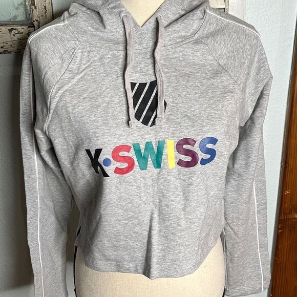 K Swiss Multicolor Logo Long Sleeve Crop Top Hoodie Women's Gray Jacket Size Sma - Picture 3 of 12